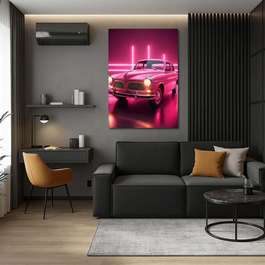 Retro Volvo Classic Car Neon Pink Background – Wall Art