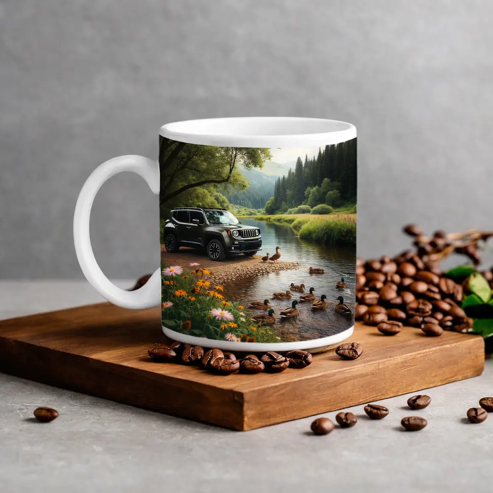 Jeep Renegade Parked By Peaceful River – Mugs
