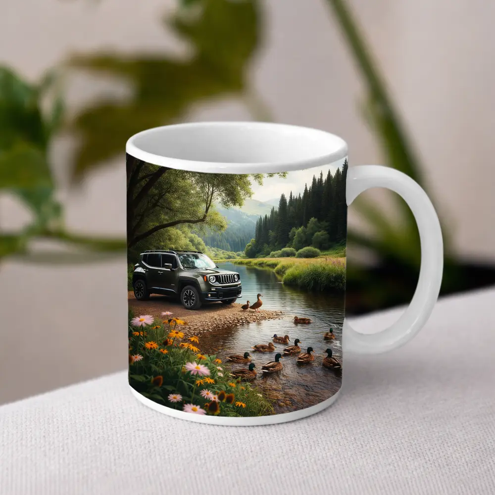 Jeep Renegade Parked By Peaceful River – Mugs