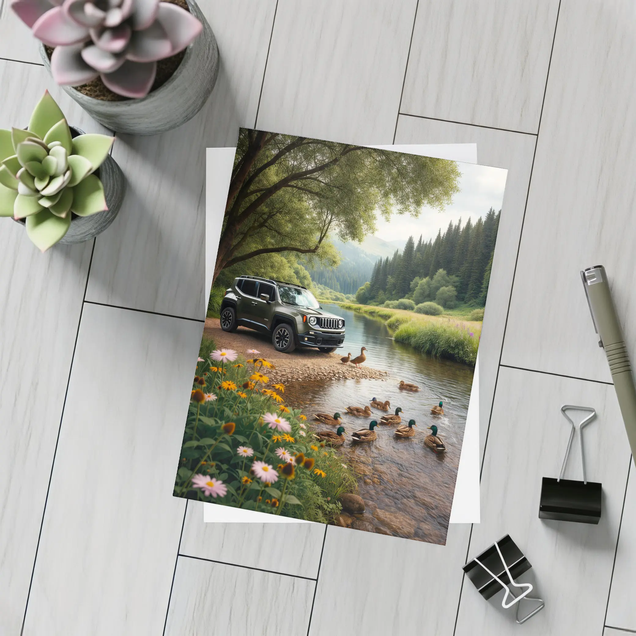 Jeep Renegade Parked By Peaceful River – Postcards