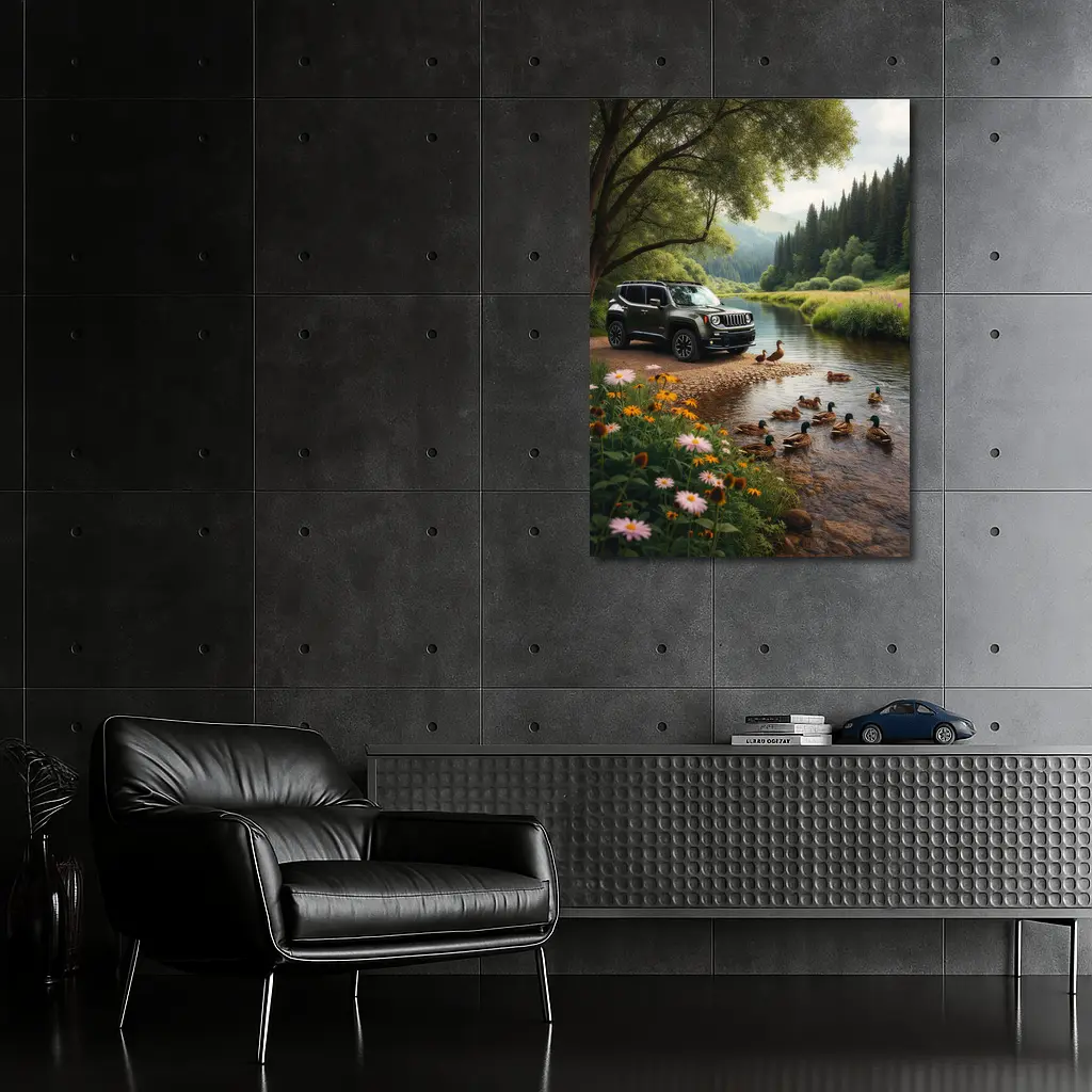 Jeep Renegade Parked By Peaceful River – Wall Art