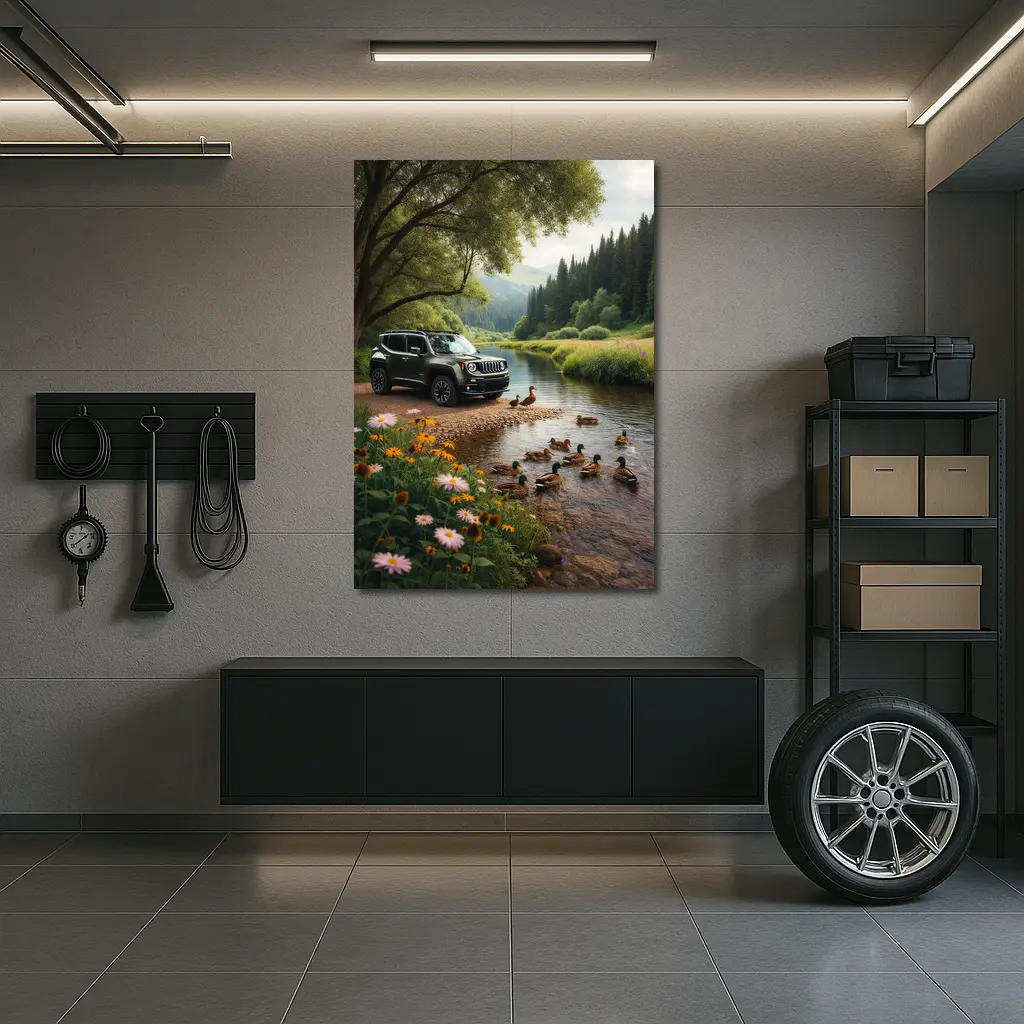 Jeep Renegade Parked By Peaceful River – Wall Art