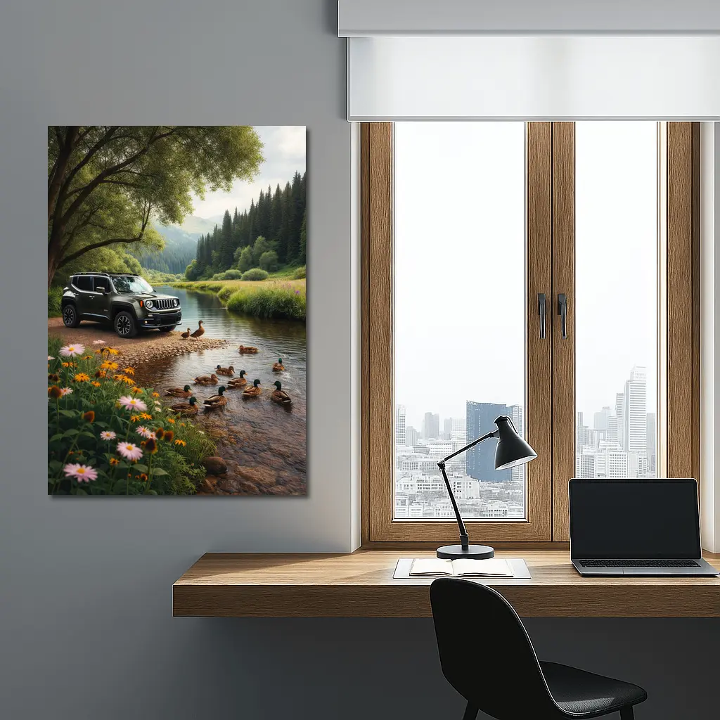 Jeep Renegade Parked By Peaceful River – Wall Art