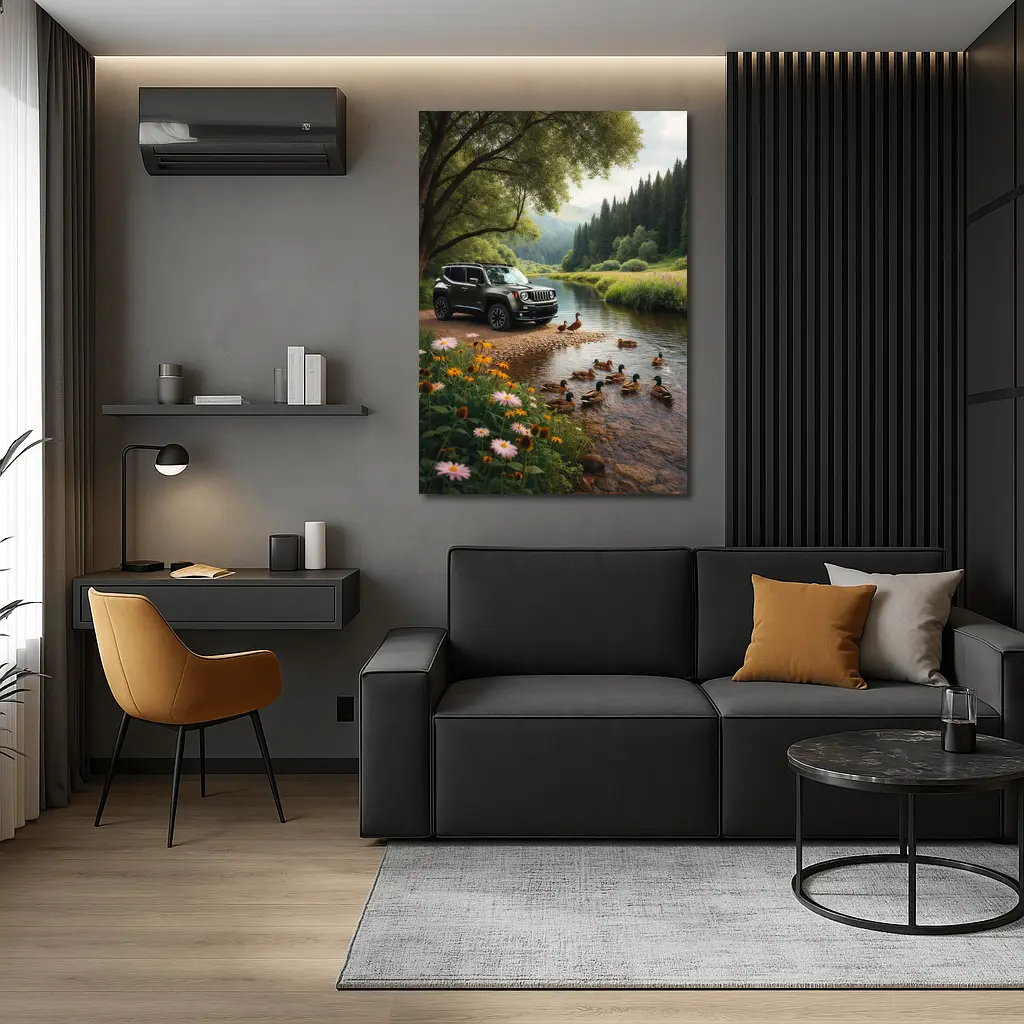 Jeep Renegade Parked By Peaceful River – Wall Art