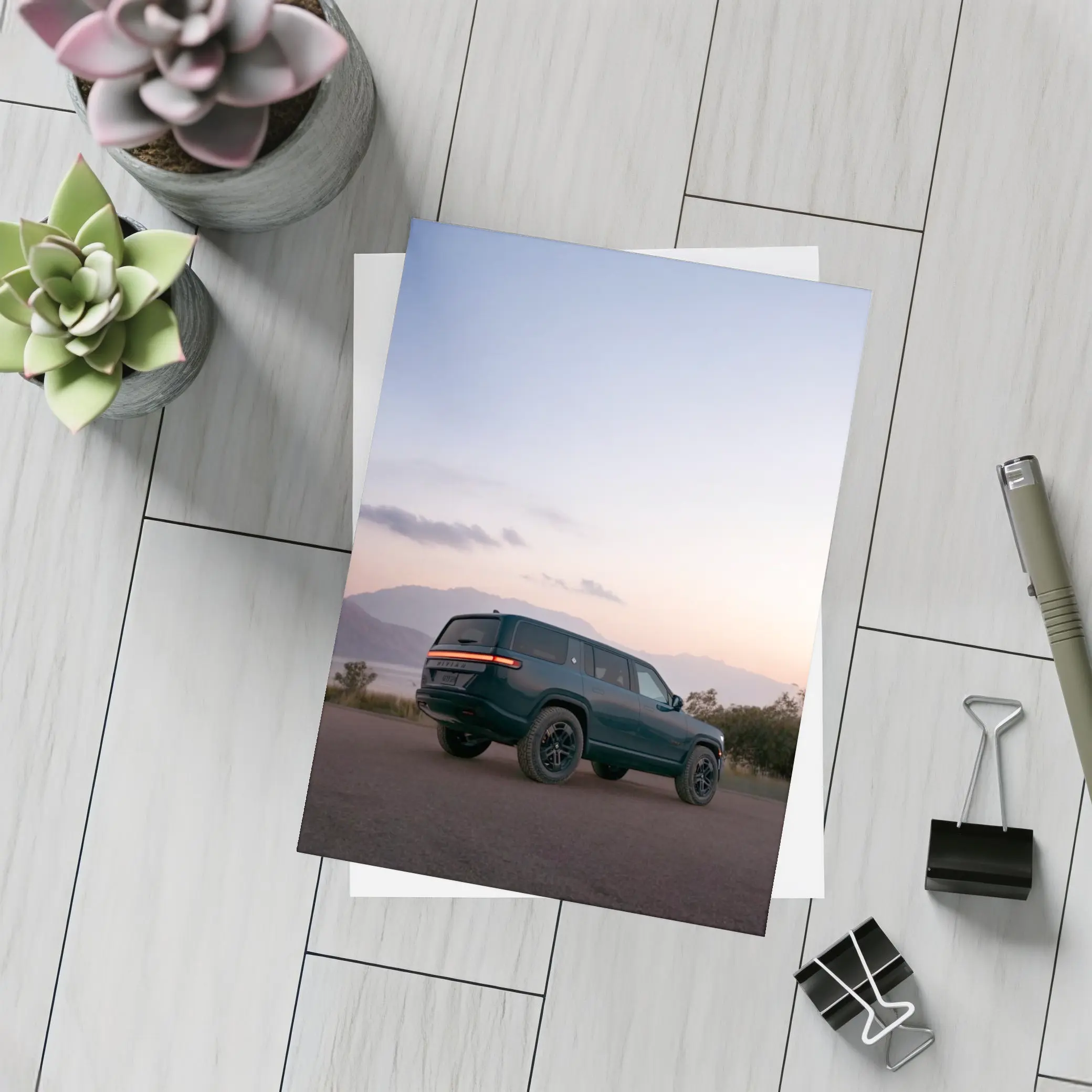 Rivian R1S Dark Green Mountain Sunset – Postcards