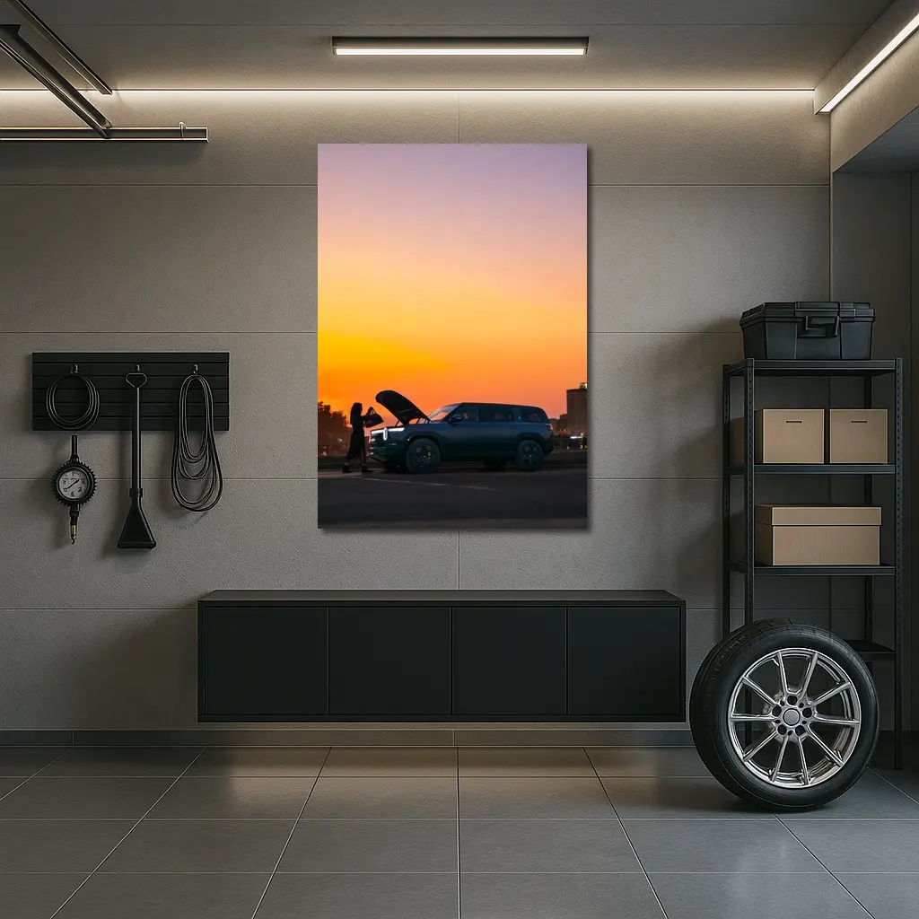 Rivian R1S Electric SUV City Sunset – Wall Art