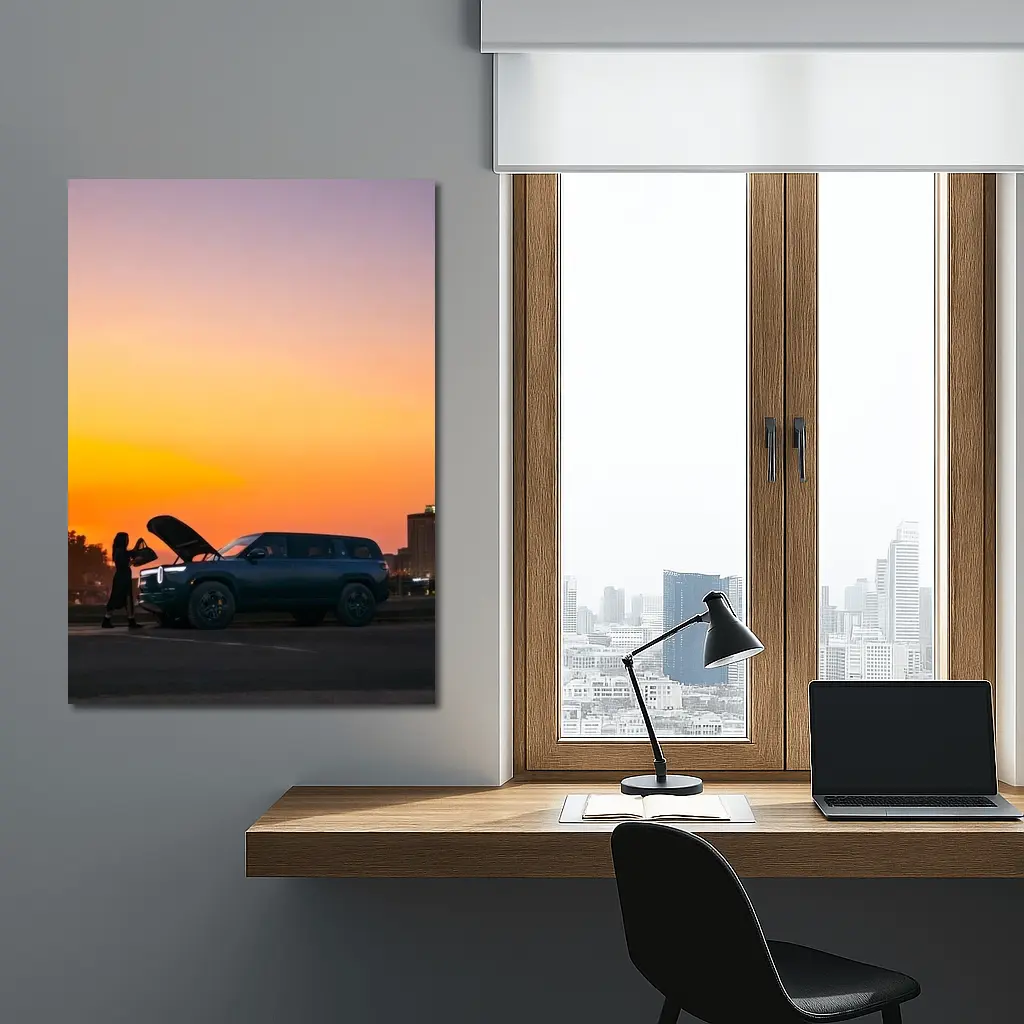 Rivian R1S Electric SUV City Sunset – Wall Art