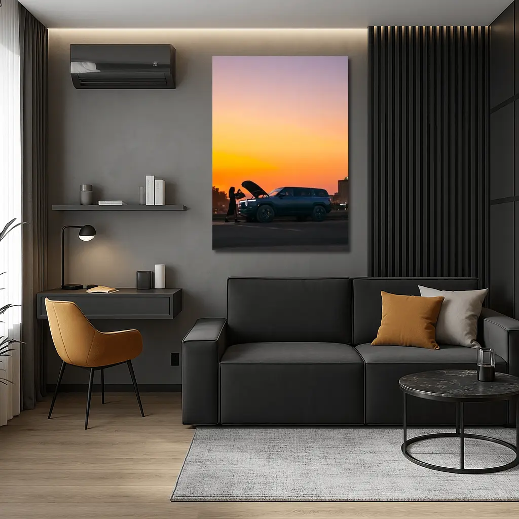 Rivian R1S Electric SUV City Sunset – Wall Art