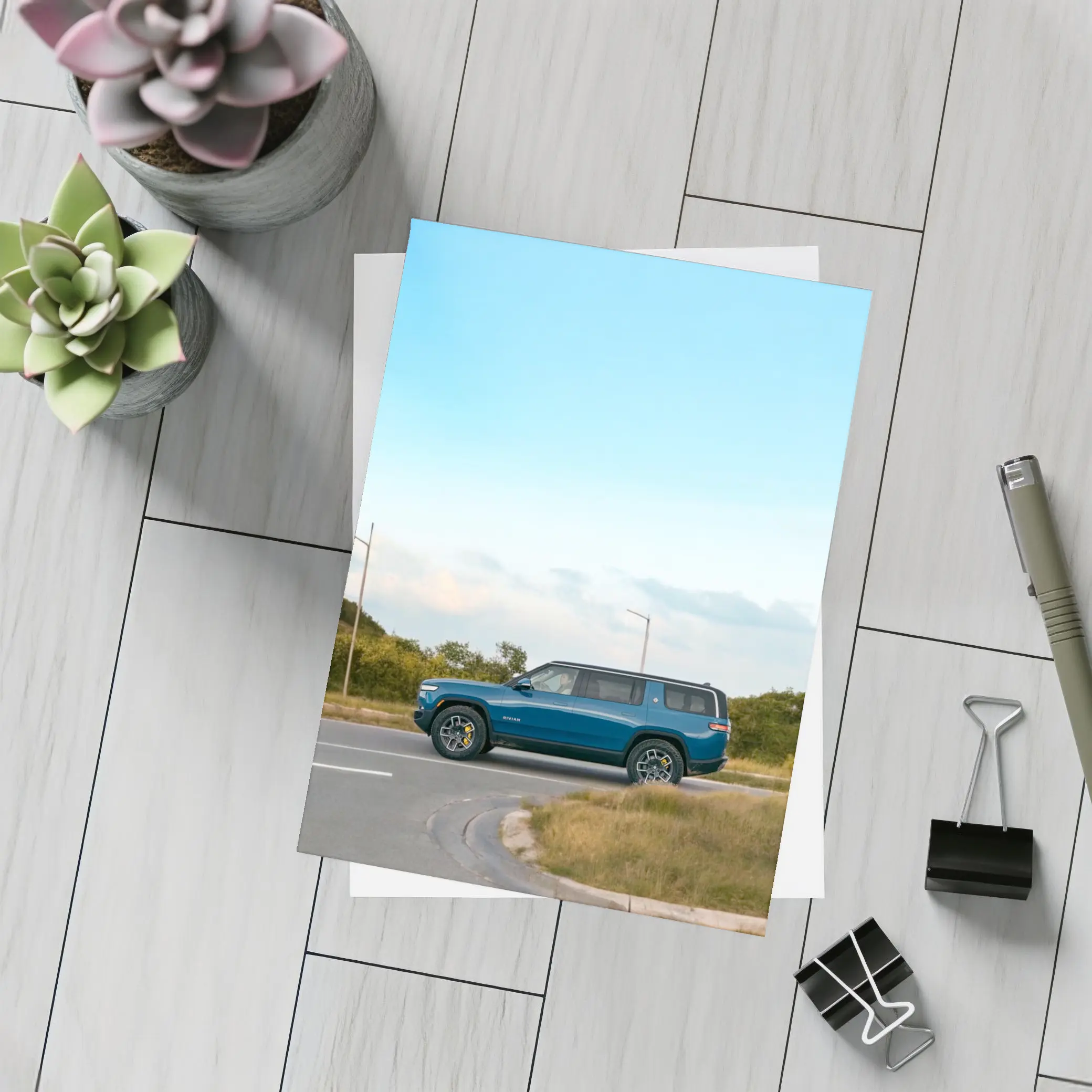 Rivian R1S Blue SUV Open Road – Postcards