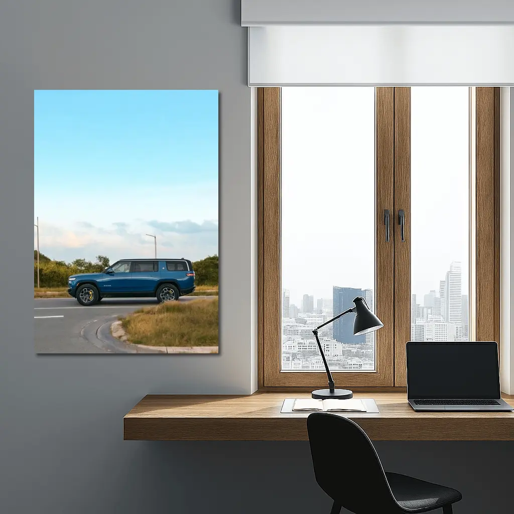 Rivian R1S Blue SUV Open Road – Wall Art