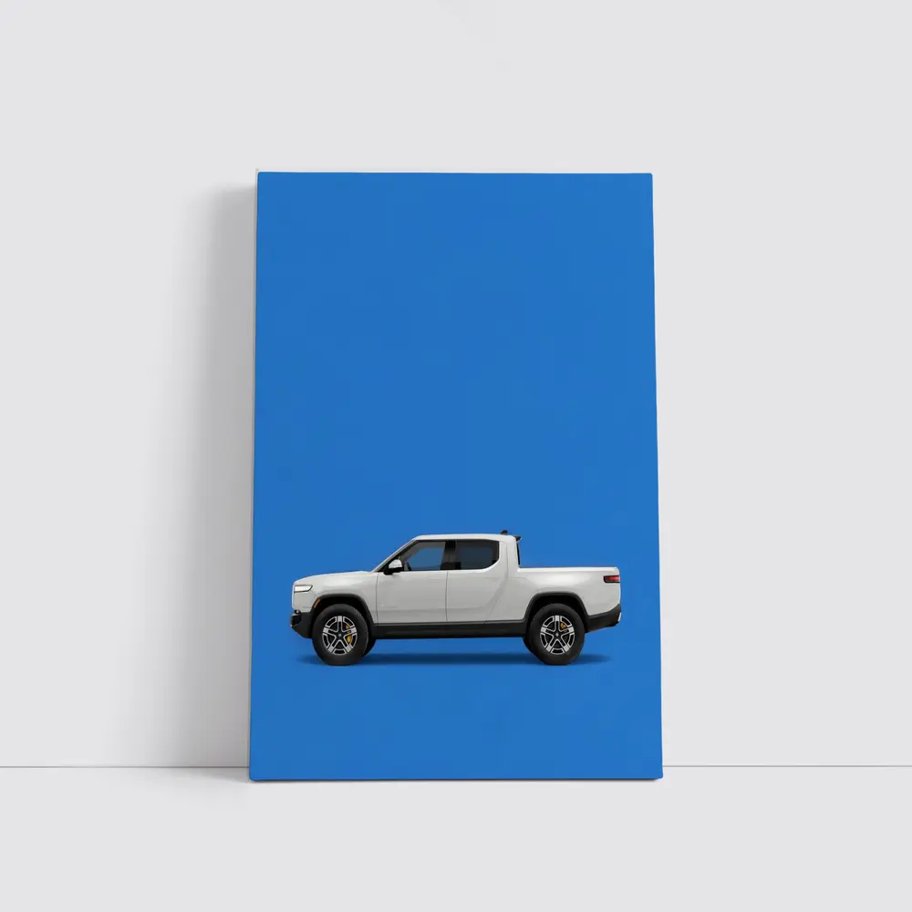 Rivian R1T White Truck Blue Background – Wall Art