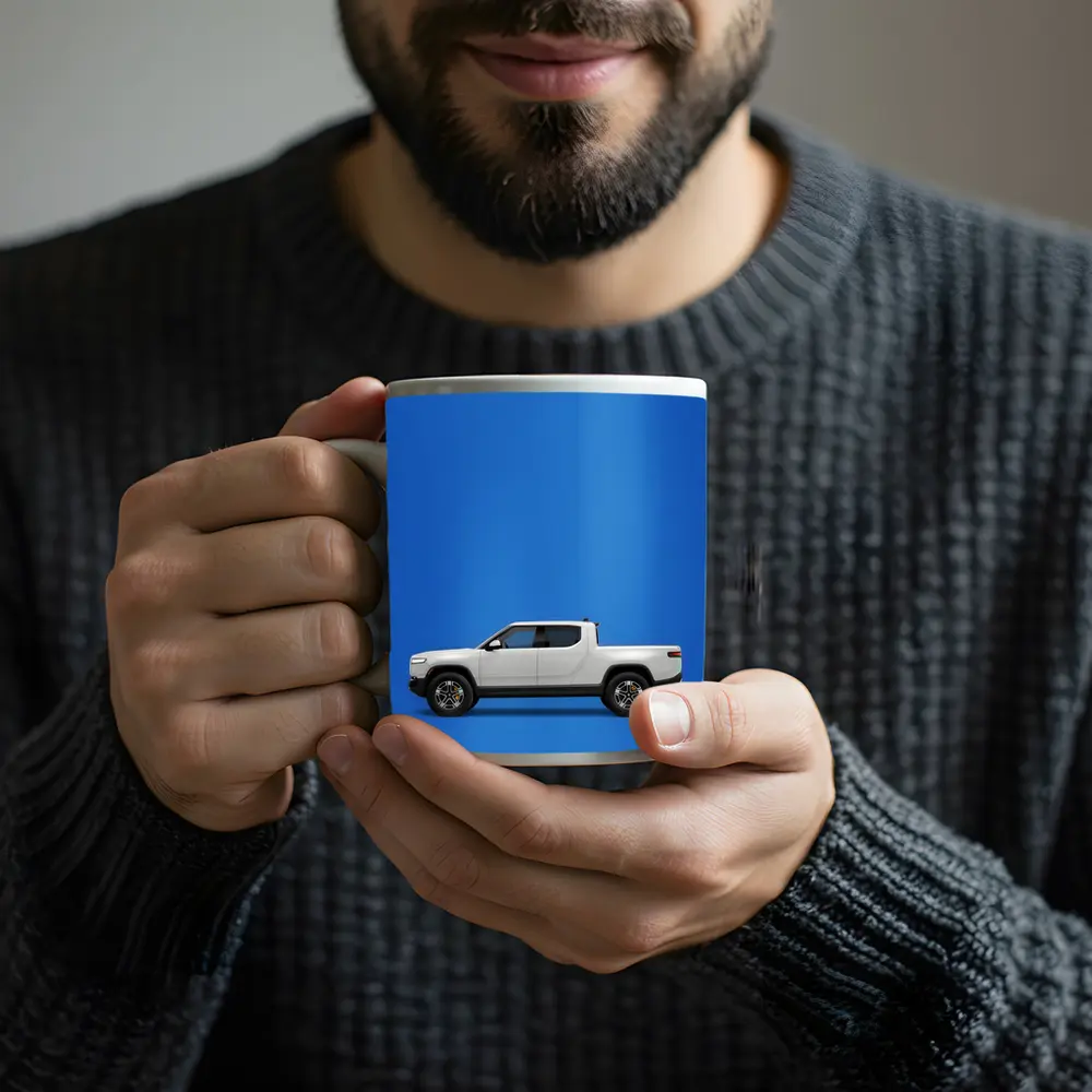 Rivian R1T White Truck Blue Background – Mugs