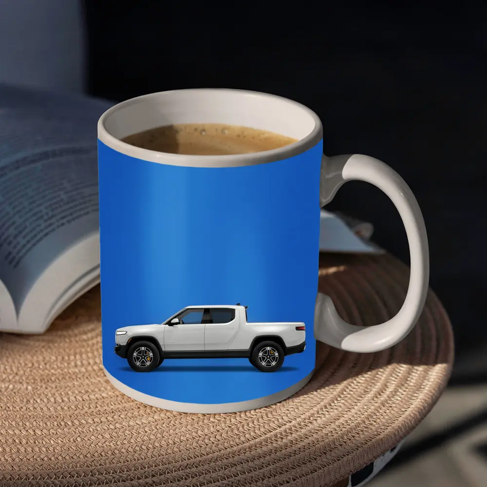 Rivian R1T White Truck Blue Background – Mugs