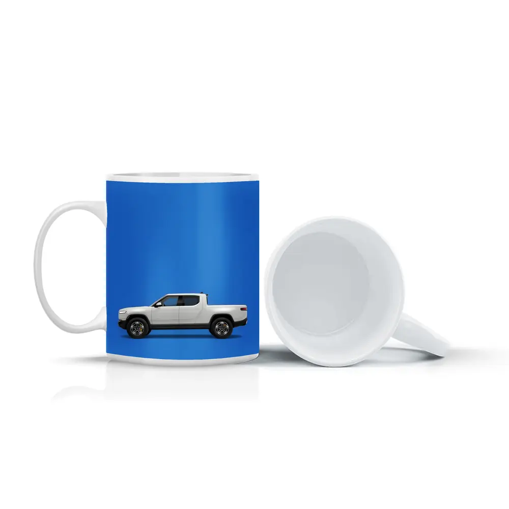 Rivian R1T White Truck Blue Background – Mugs