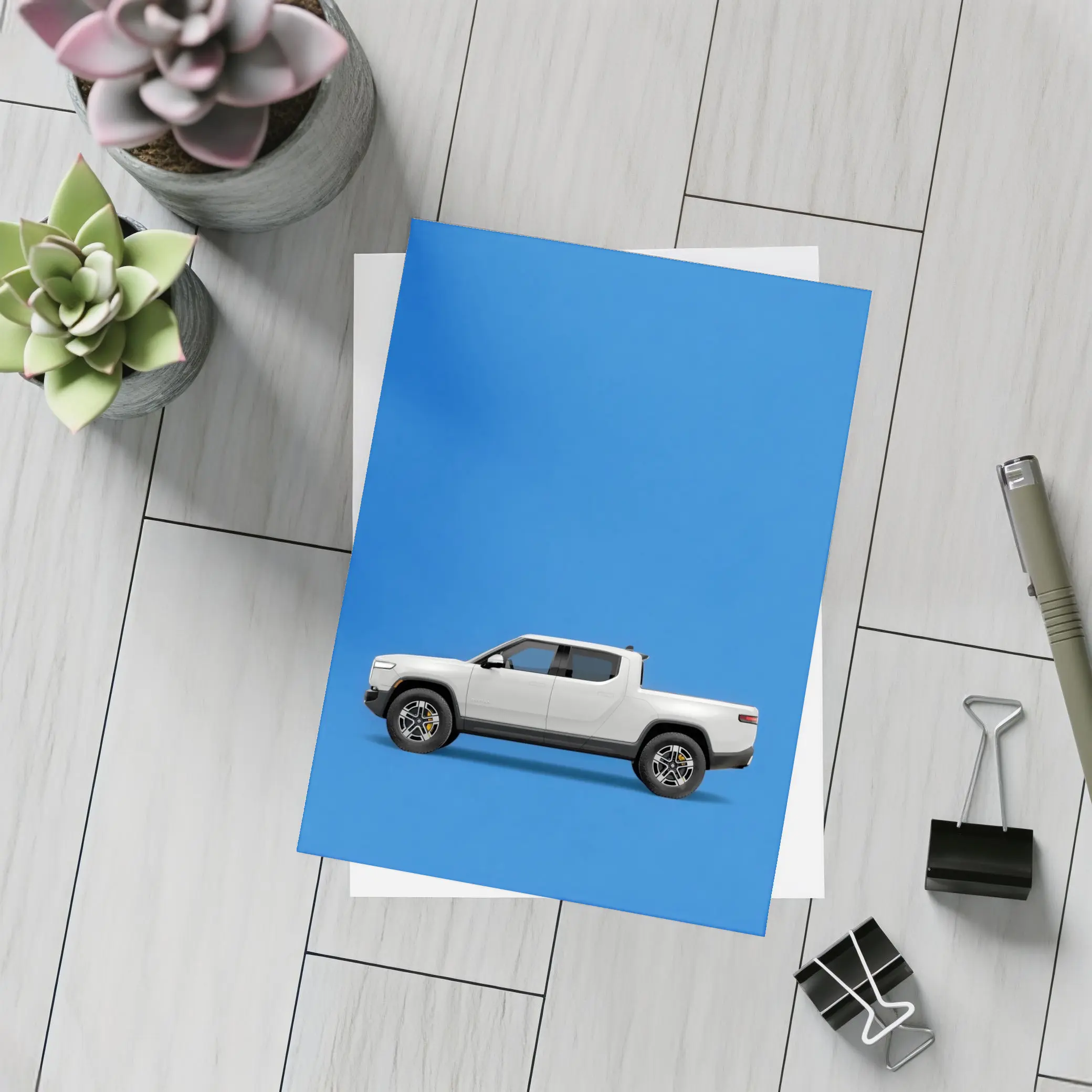Rivian R1T White Truck Blue Background – Postcards