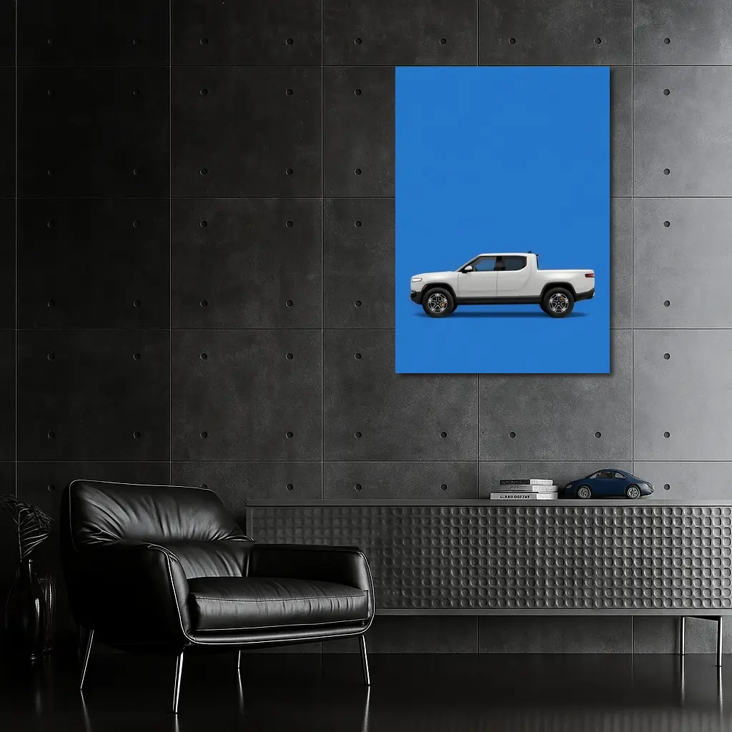Rivian R1T White Truck Blue Background – Wall Art