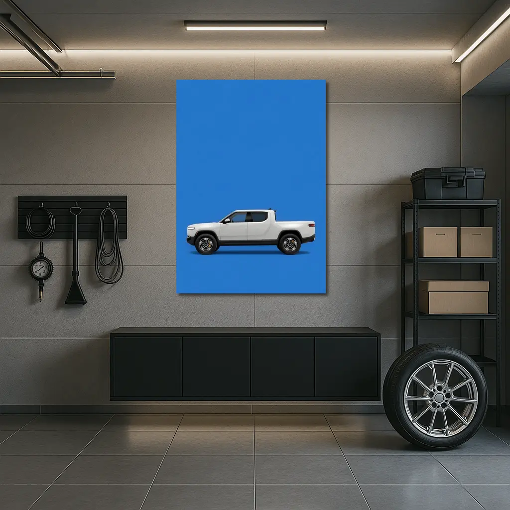 Rivian R1T White Truck Blue Background – Wall Art