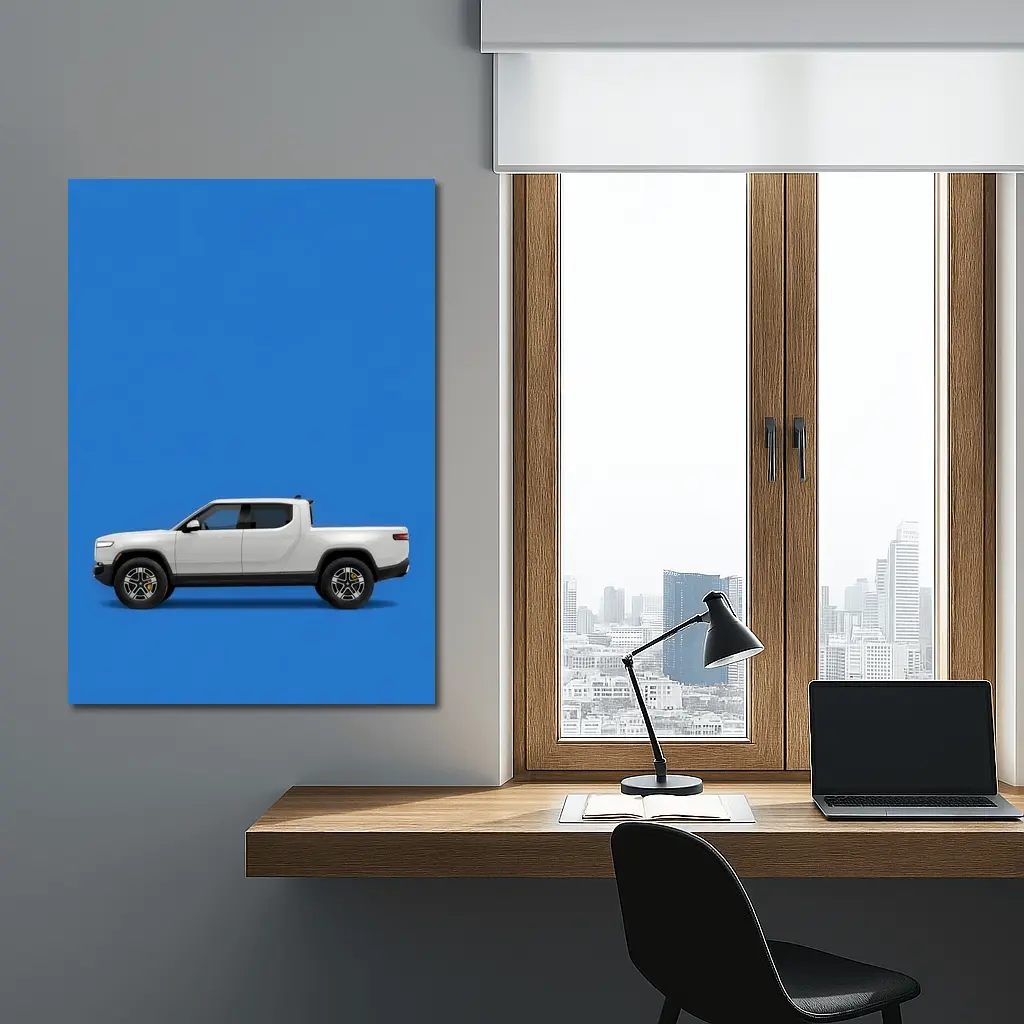 Rivian R1T White Truck Blue Background – Wall Art