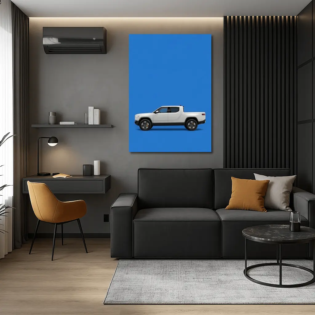 Rivian R1T White Truck Blue Background – Wall Art