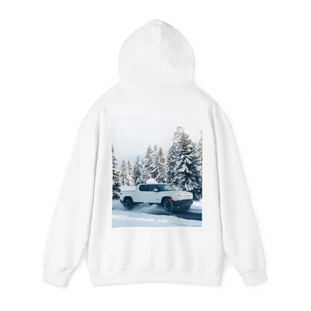 Rivian R1T White Truck Snowy Winter Forest – Hoodies