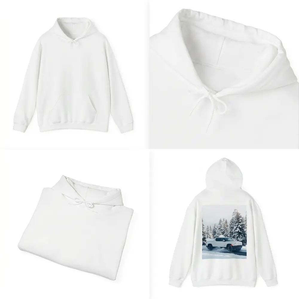 Rivian R1T White Truck Snowy Winter Forest – Hoodies