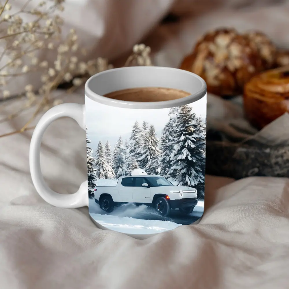 Rivian R1T White Truck Snowy Winter Forest – Mugs