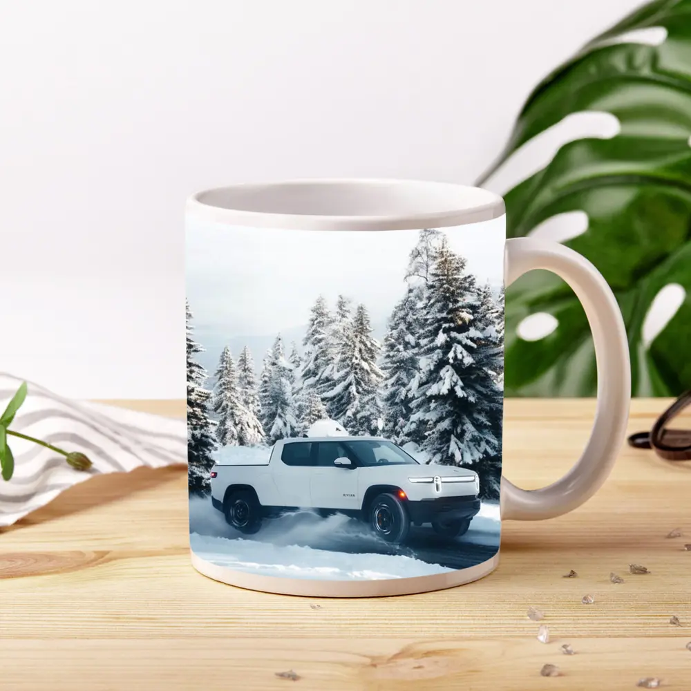 Rivian R1T White Truck Snowy Winter Forest – Mugs
