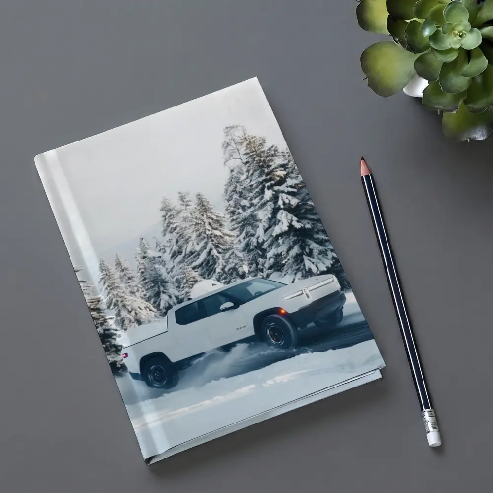 Rivian R1T White Truck Snowy Winter Forest – Notebooks