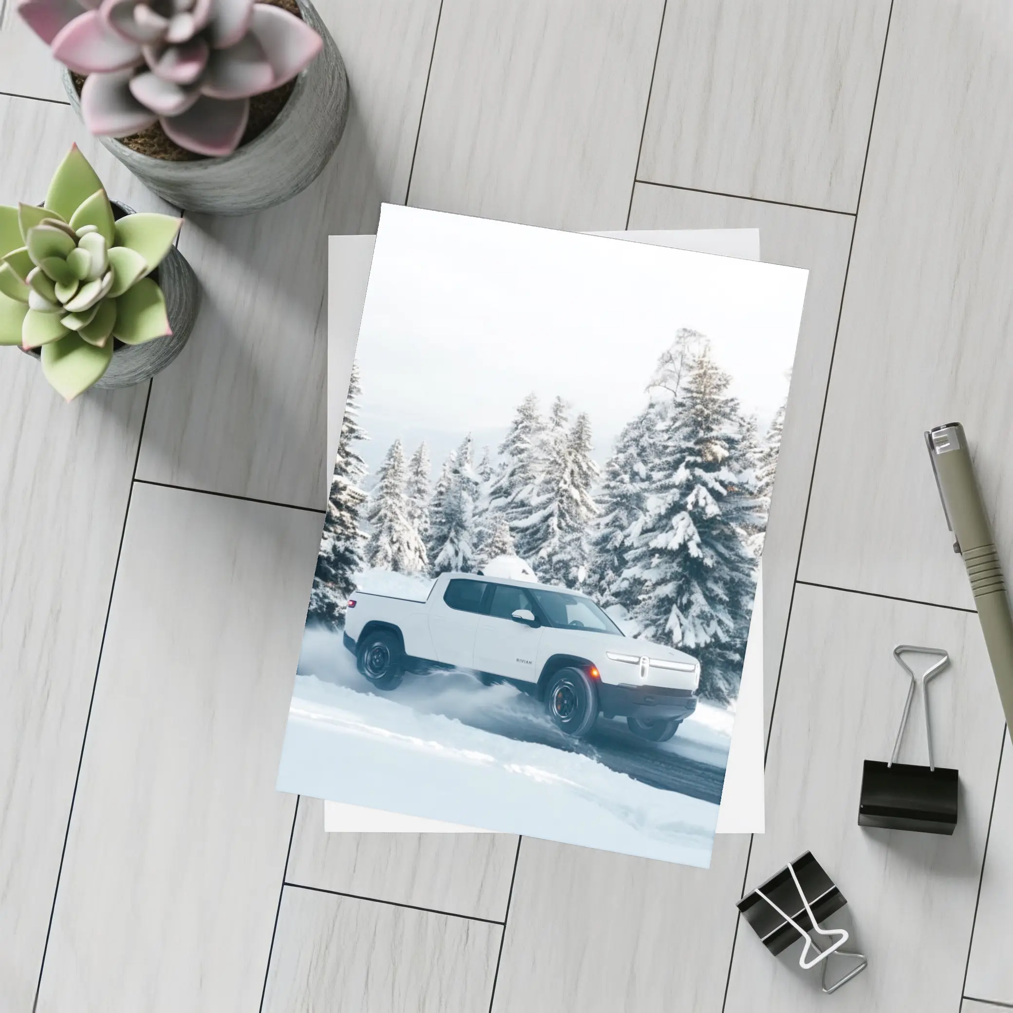 Rivian R1T White Truck Snowy Winter Forest – Postcards