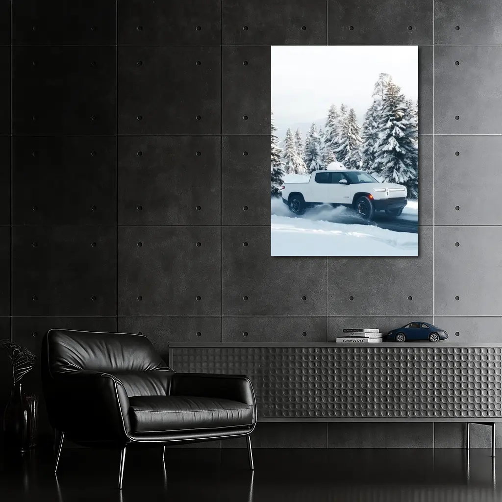 Rivian R1T White Truck Snowy Winter Forest – Wall Art