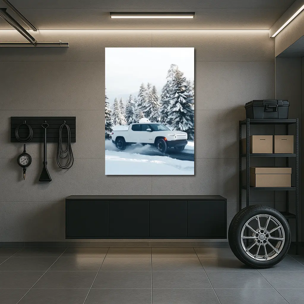 Rivian R1T White Truck Snowy Winter Forest – Wall Art