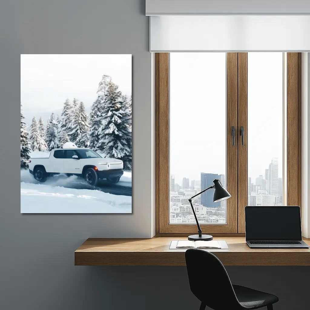 Rivian R1T White Truck Snowy Winter Forest – Wall Art