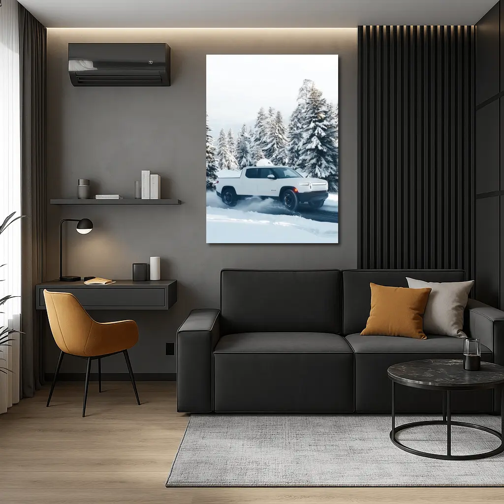 Rivian R1T White Truck Snowy Winter Forest – Wall Art