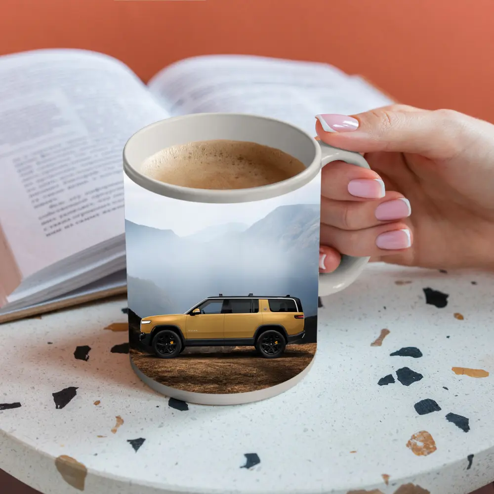 Rivian R1S Yellow SUV Mountain Landscape – Mugs
