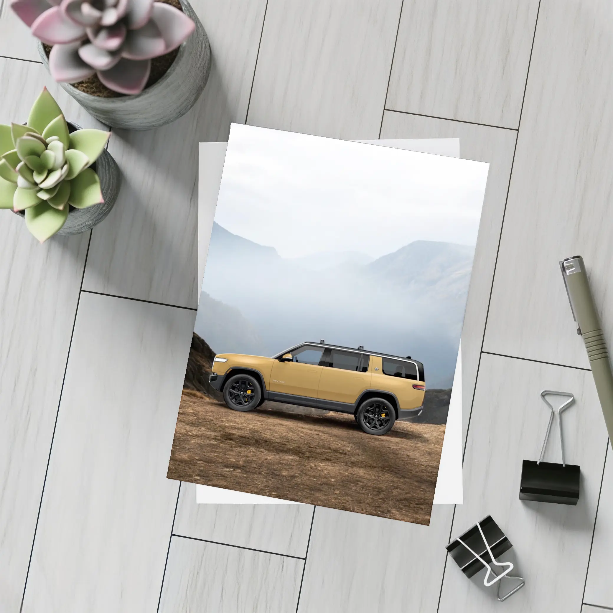 Rivian R1S Yellow SUV Mountain Landscape – Postcards