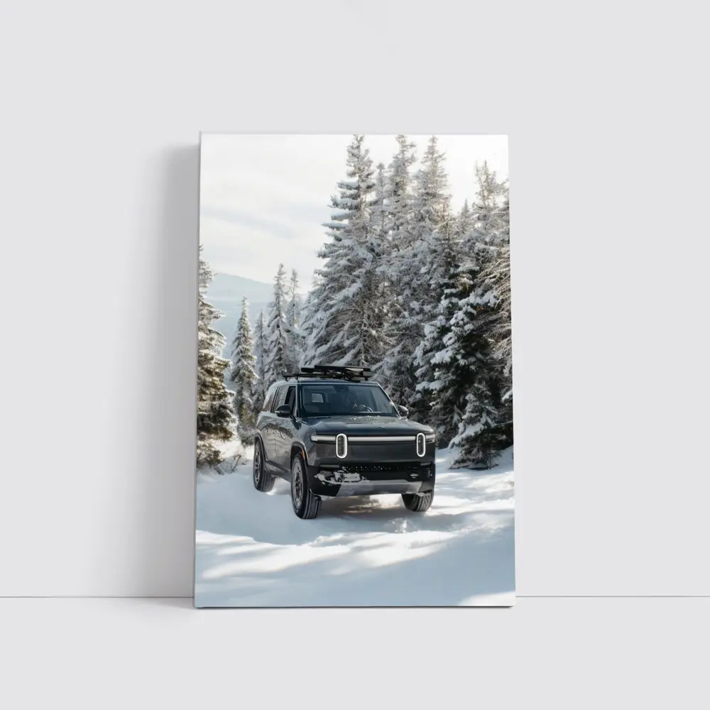 Rivian R1S Dark SUV Snowy Forest Trail – Wall Art