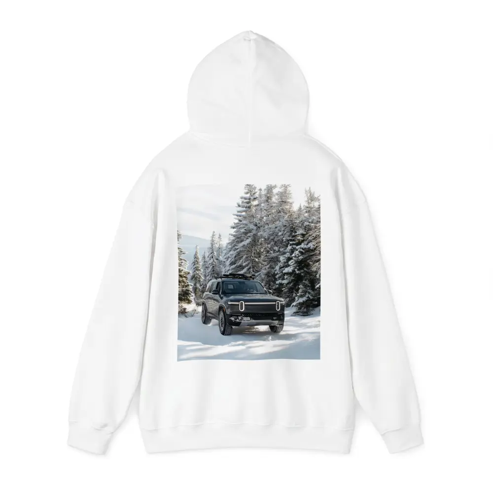 Rivian R1S Dark SUV Snowy Forest Trail – Hoodies