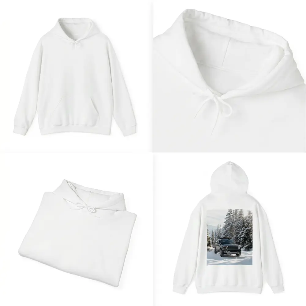 Rivian R1S Dark SUV Snowy Forest Trail – Hoodies