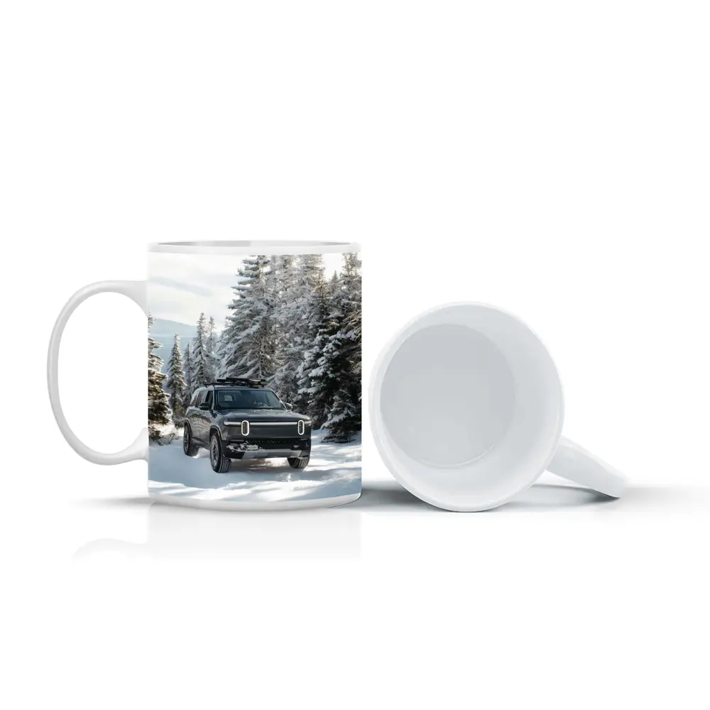 Rivian R1S Dark SUV Snowy Forest Trail – Mugs