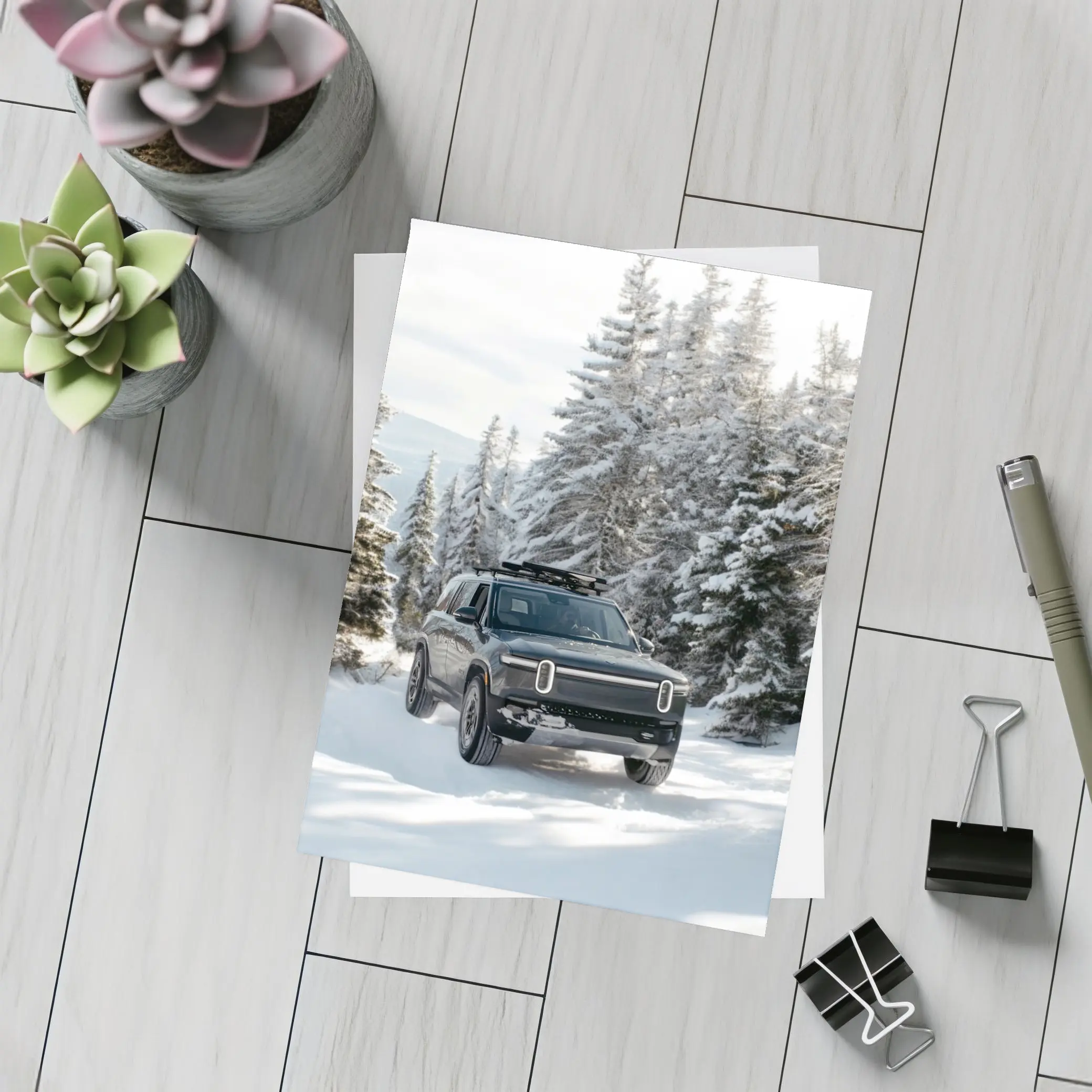 Rivian R1S Dark SUV Snowy Forest Trail – Postcards
