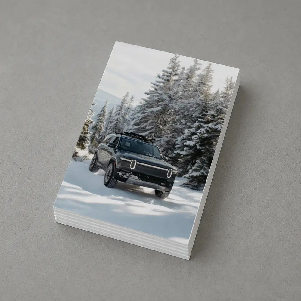 Rivian R1S Dark SUV Snowy Forest Trail – Postcards