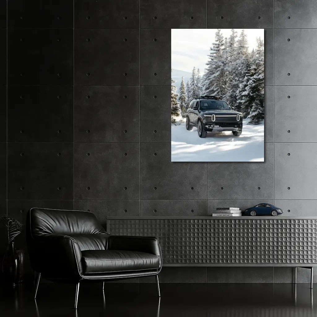 Rivian R1S Dark SUV Snowy Forest Trail – Wall Art