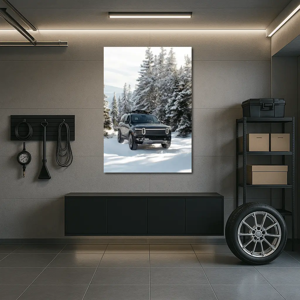 Rivian R1S Dark SUV Snowy Forest Trail – Wall Art