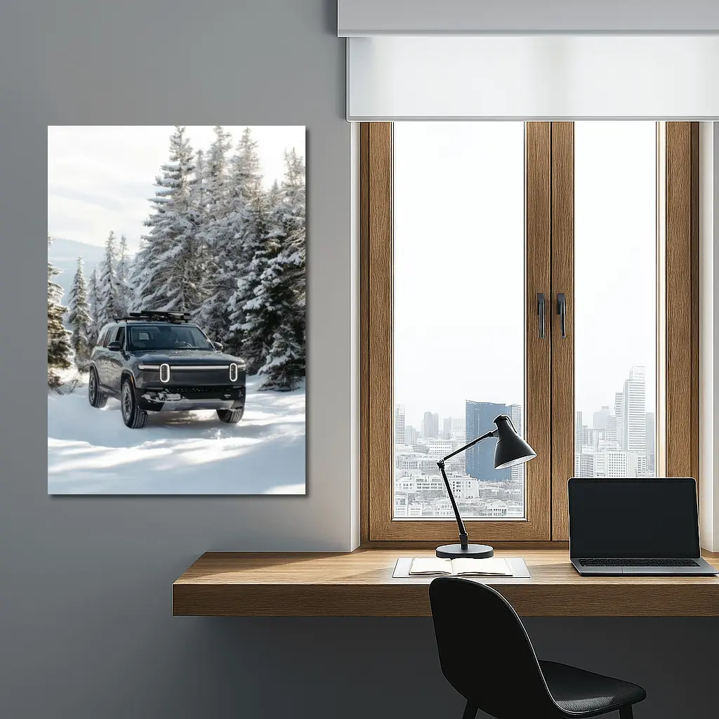 Rivian R1S Dark SUV Snowy Forest Trail – Wall Art