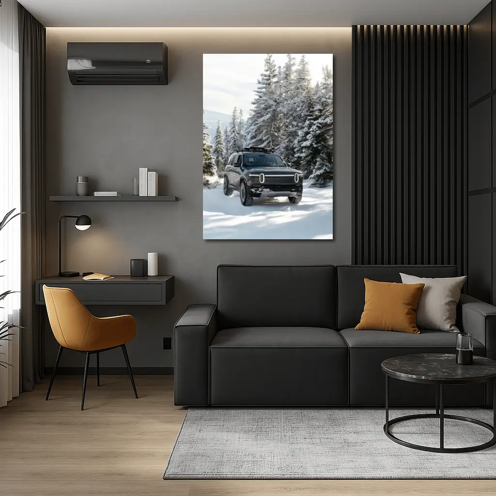Rivian R1S Dark SUV Snowy Forest Trail – Wall Art