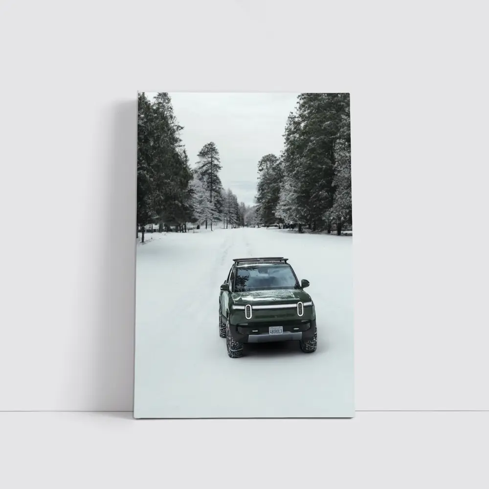 Rivian R1S Green Truck Snowy Forest Road – Wall Art