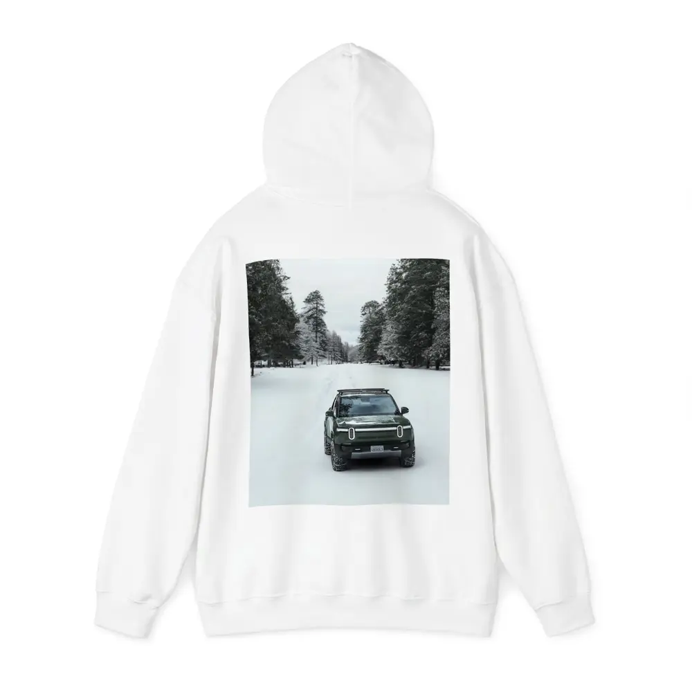 Rivian R1S Green Truck Snowy Forest Road – Hoodies