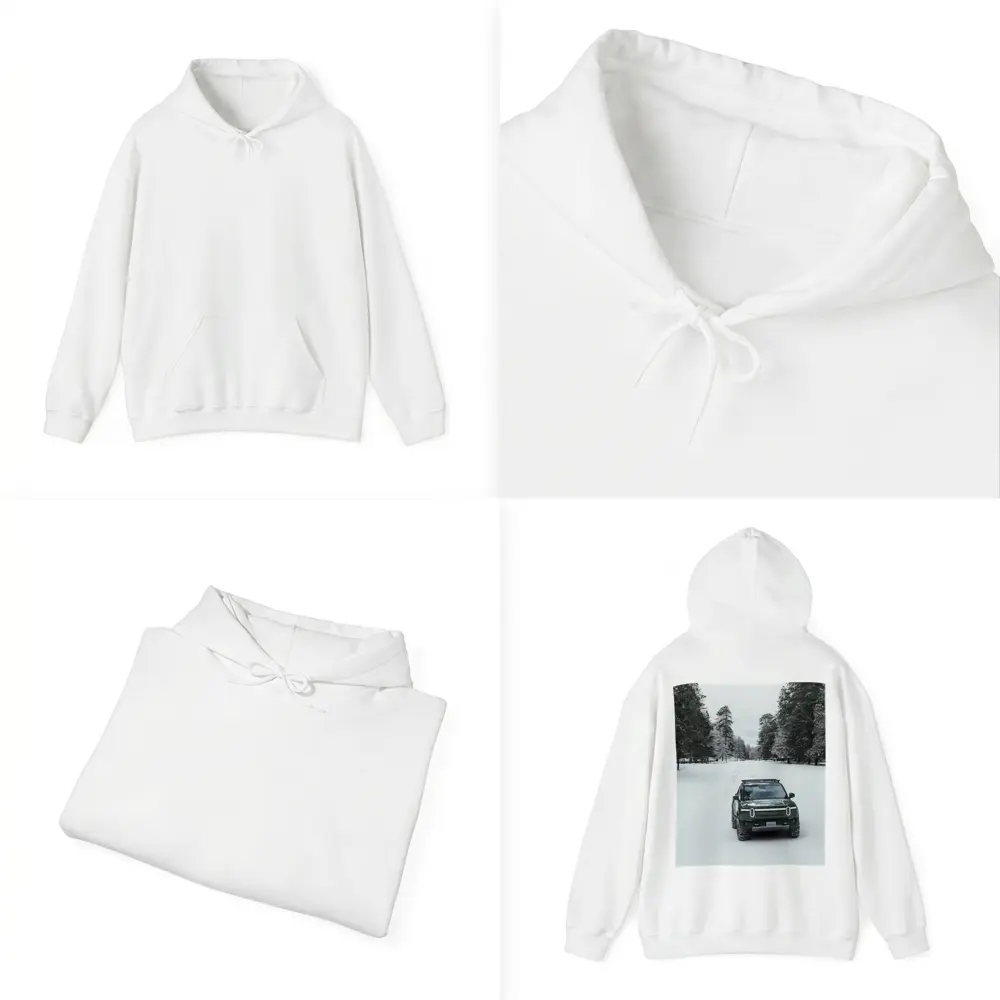 Rivian R1S Green Truck Snowy Forest Road – Hoodies