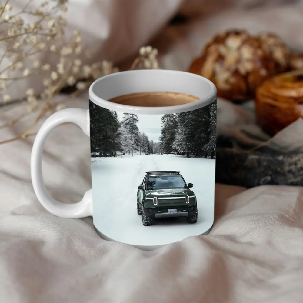 Rivian R1S Green Truck Snowy Forest Road – Mugs