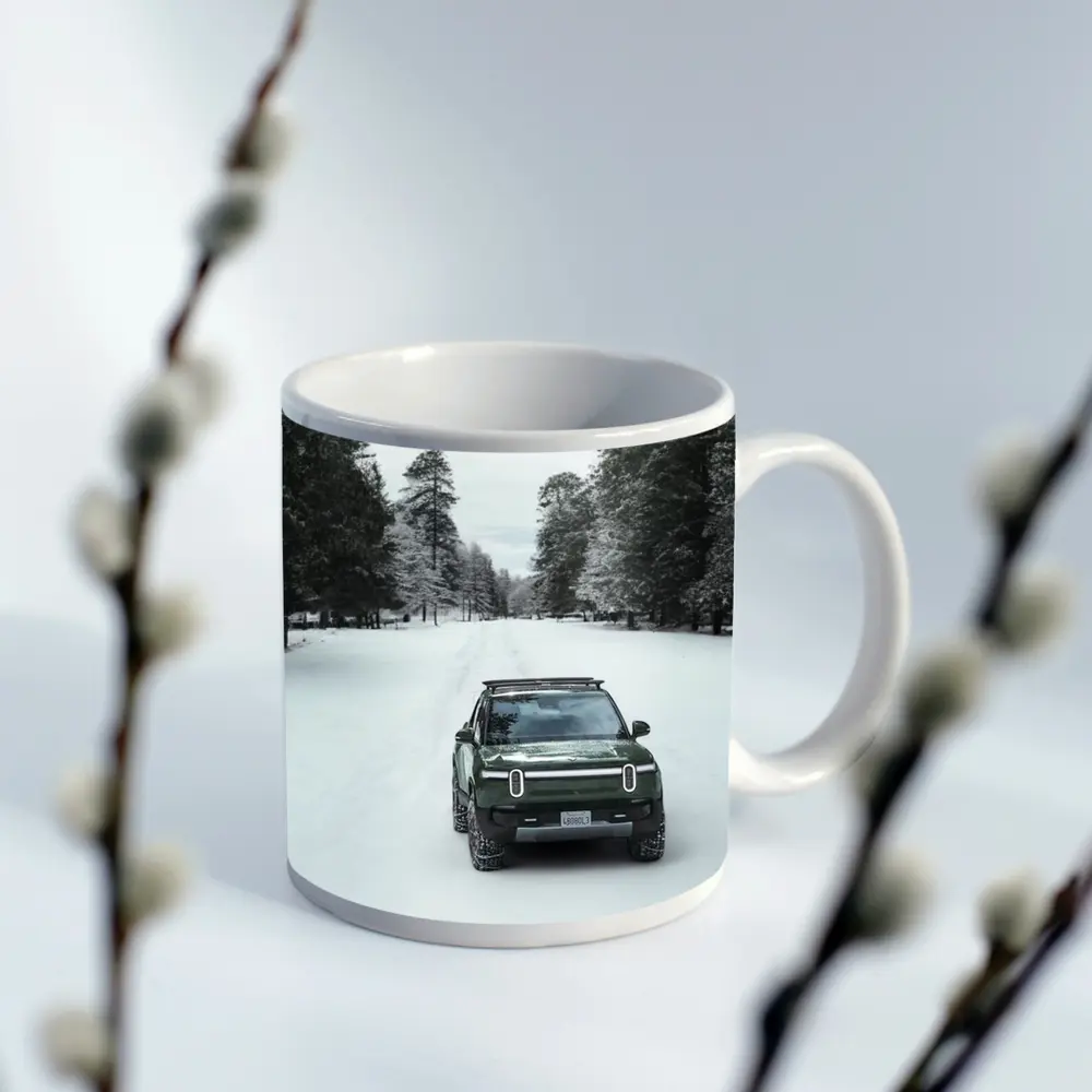 Rivian R1S Green Truck Snowy Forest Road – Mugs